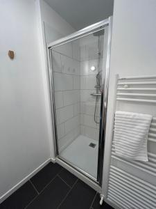 a shower with a glass door in a bathroom at La terrasse : Appartement chic 2 chambres au coeur de Pau in Pau +6 photos