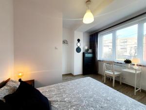 een slaapkamer met een bed, een bureau en een raam bij Apartament Ed in Gdańsk