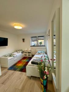 sypialnia z 2 łóżkami i kolorowym dywanem w obiekcie Ferienwohnungen GoJa w mieście Bad Königshofen im Grabfeld