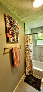 a bathroom with a shower and a shower curtain at Cozy Nashville Duplex Unit B in Nashville
