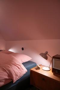 1 dormitorio con cama y mesita de noche con lámpara en Huis Octaaf, en Heuvelland