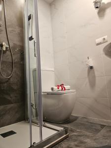 een badkamer met een toilet en een glazen douche bij PENSION ROSELLA in O Pedrouzo