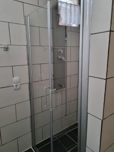 y baño con ducha y puerta de cristal. en Ferienhaus Hochwald, 