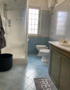 a bathroom with a shower and a toilet and a sink at S'imbustHouse in Oristano