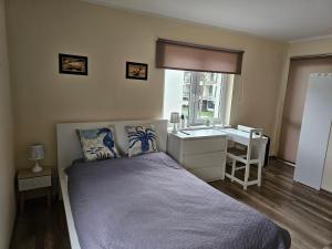 a bedroom with a bed and a sink in it at Apartament Bałtyk in Rowy