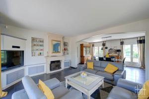 uma sala de estar com sofás azuis e uma lareira em Le Bel Air / Maison de famille em Saint-Avertin