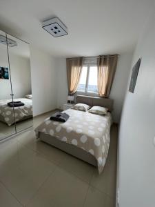 ein Schlafzimmer mit einem Bett und einem großen Spiegel in der Unterkunft Super 4 Pièces refait à neuf in Villeurbanne + 4 Fotos
