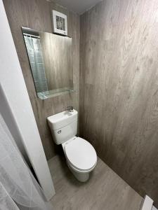 a bathroom with a white toilet and a mirror at Single ensuite room in London