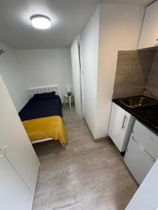a small room with a bed and a kitchen at Single ensuite room in London