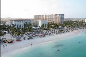 una vista aerea su una spiaggia con sedie e ombrelloni di Hotel Aruba a Palm Beach
