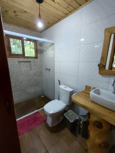a bathroom with a toilet and a sink at Pousada Vale da Imbuia chalé para temporada in Urubici