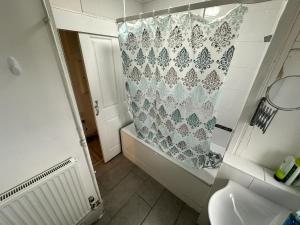 a bathroom with a shower curtain and a toilet at Aldgate East Rooms R1 in London