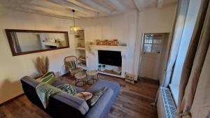 a living room with a couch and a fireplace at Gite Le Cozy in Val-au-Perche