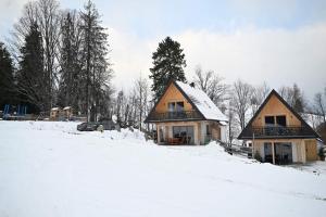 two houses are covered in snow in a field at Domek pod Jaworem z balią in Witów
