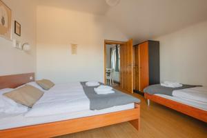 a bedroom with two beds and a mirror at VILA KLARA apartments in Ljubljana