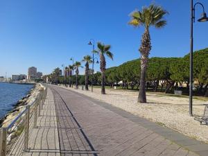 a sidewalk with palm trees next to the water at Chloe's Rooms in Cagliari