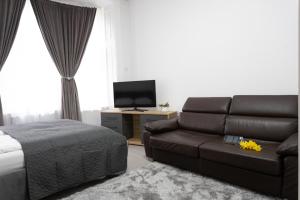 a living room with a couch and a flat screen tv at AVA City Center SATU MARE in Satu Mare
