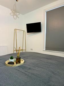 a room with a television and a plate with a plant on it at NEW Unique 4 Bed Families Contractors 靠近唐人街 in Nottingham