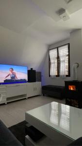 a living room with a flat screen tv and a couch at Vikendica Uvac in Priboj