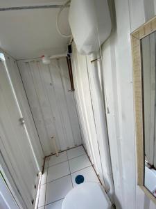 uma pequena casa de banho com WC e lavatório em Chalé Bus Ponto Z em São Bento do Sapucaí