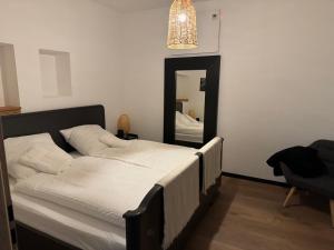 1 dormitorio con cama y espejo grande en Willkommen im Alpen Relax en Obergünzburg