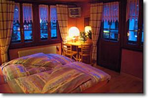 Vissoie的住宿－迪安尼維爾斯賓館，一间卧室配有一张床和一张桌子及一张桌子
