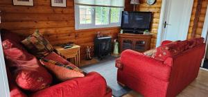 uma sala de estar com duas cadeiras vermelhas e uma televisão em Snowdonia National park Log cabin with garden em Trawsfynydd