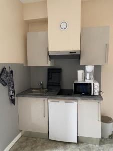 a small kitchen with white cabinets and a microwave at Appart’hôtel L’aiglon in Saint-Claude