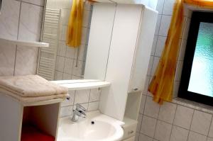 a bathroom with a sink and a shower with a television at Ferienwohnung am Seebach´l in Bayerisch Eisenstein