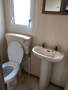 a bathroom with a toilet and a sink at 2 bedroom static caravan in Muirkirk