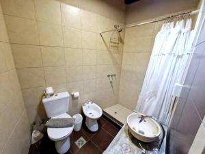 uma casa de banho com um WC, um lavatório e um chuveiro em Casa Chacras de Coria em Mayor Drumond
