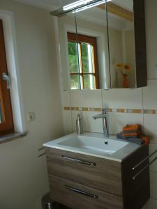 y baño con lavabo y espejo. en Ferienwohnung Lämpelberg, en Klingenthal