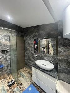 uma casa de banho com um lavatório e um chuveiro em “The Sea Breeze”, House Hamallaj em Durrës