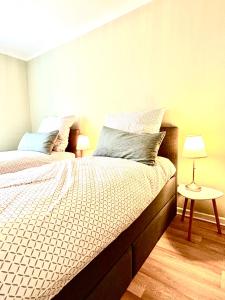 a bedroom with two beds and a table with two lamps at Business- Apartment Worms # guesthouse- Monteure willkommen in Worms +2 photos