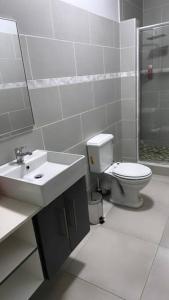Baño blanco con aseo y lavamanos en Mountain Drive Apartments, en Mbabane
