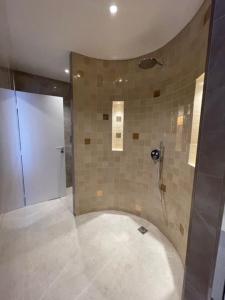 a bathroom with a shower and a tile wall at Maison Villa in Vitry-sur-Seine