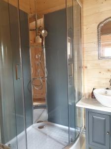 y baño con ducha de cristal y lavabo. en Le Cottage OneHeart en Saverne