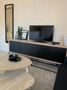 a living room with a tv and a coffee table at Studio apartman Park Galerija in Osijek
