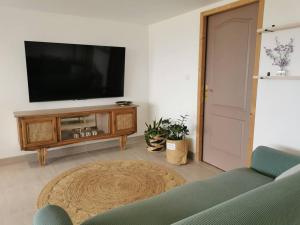 Moutery d'en bas في Puydaniel: غرفة معيشة مع تلفزيون بشاشة مسطحة وأريكة