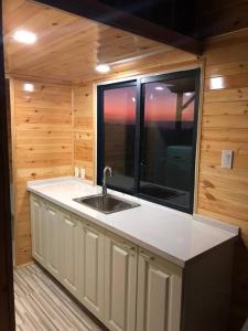 - une cuisine avec évier et une fenêtre dans une cabine dans l'établissement Tiny House - mountain views close to everything, à Valley Center
