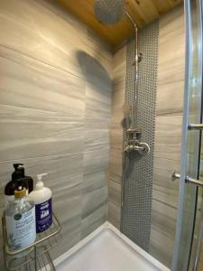 a bathroom with a shower with a sink and a shower at Tiny House - mountain views close to everything in Valley Center