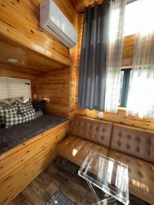 ein kleines Zimmer mit einem Sofa in einer Holzhütte in der Unterkunft Tiny House - mountain views close to everything in Valley Center