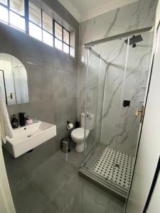 a bathroom with a shower and a toilet and a sink at Ditoro Boutique Hotel in Pretoria