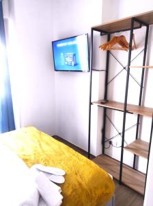 um quarto com uma cama e uma televisão na parede em Michelangelo Airport Suite Room em Fiumicino