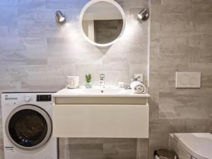 ein Badezimmer mit einer Waschmaschine und einem Waschbecken in der Unterkunft Le T3 du Carnot in Annecy