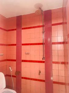 uma casa de banho com um chuveiro com azulejos vermelhos e brancos em Villa JFK2 em Ouagadougou