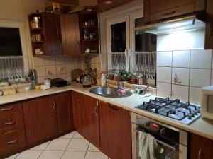 a kitchen with a sink and a stove at Dom drewniany z ogrodem in Szczecinek +10 photos