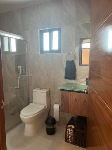 Un baño con inodoro, ducha y lavabo. en Departamentos Plaza 32, en Mérida 4 fotos más