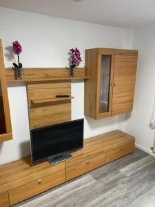 a living room with a tv and wooden cabinets at Ferienwohnung Traumschleife Klettersteig in Boppard