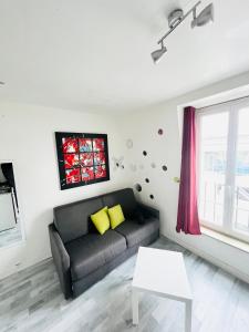 ein Wohnzimmer mit einem Sofa und einem Fenster in der Unterkunft Studio Paris centre tout équipé in Paris